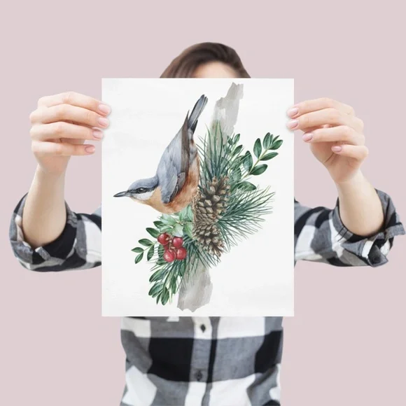 Nuthatch Bird Wall Art Watercolor Illustration Print Poster Card Unframed - Picture 4 of 7